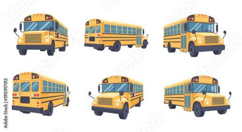 Yellow school bus illustrations showing multiple angles and views, perfect for education and transportation design projects