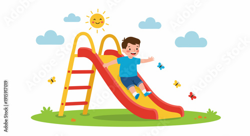 Cheerful boy sliding down a colorful playground slide in the park under a happy smiling sun.