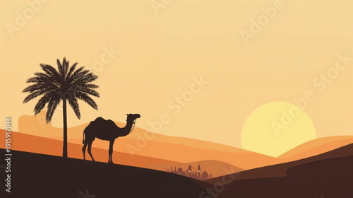a serene desert sunset camel and palm tree vector background illustration