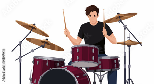 Focused male drummer playing a red drum kit, vector illustration isolated on white, symbolizing music, rhythm, and performance art.