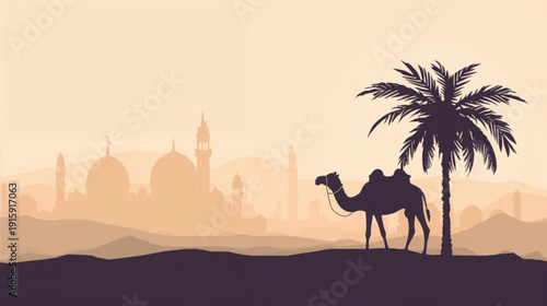 illustration ramadan background with camel, palm tree and mosque