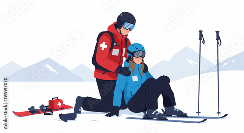 Ski Patrol administering first aid to an injured skier on the mountain slope after an accident, showing rescue and safety procedures in winter.
