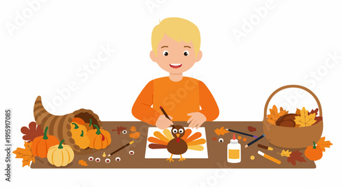 Young boy making a colorful paper turkey craft for Thanksgiving celebration, surrounded by cornucopia, pumpkins, and autumn decorations on a white background.