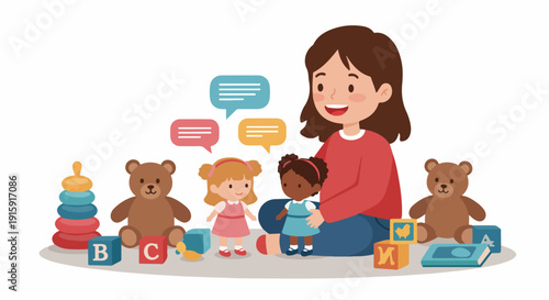 Caretaker sitting with dolls and educational toys, emphasizing learning, conversation, and imaginative play in early childhood.