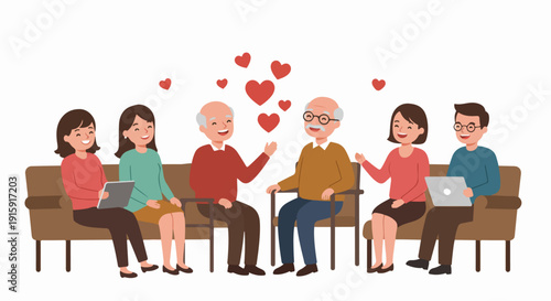 Illustration of a happy extended family gathering, with smiling seniors and younger generations connecting, surrounded by red hearts symbolizing love.