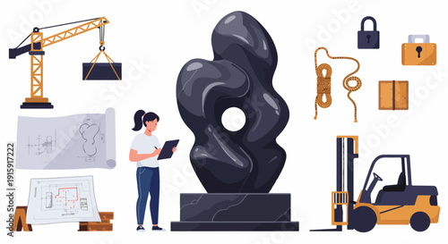 Sculpture Installation Logistics Set: Engineer inspecting abstract stone artwork with crane, forklift, and construction blueprints.