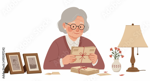Elderly woman smiling while holding old letters tied with a ribbon, surrounded by nostalgic elements like photo frames and a lamp.