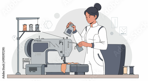 Female tailor lubricating a professional sewing machine in a workshop, focusing on maintenance and textile production.