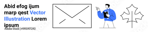 Digital communication, email marketing, education, teamwork, branding, information sharing. Envelope icon, person holding clipboard maple leaf design. Digital communication and email marketing idea