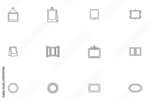 Picture frame and mirror icon set featuring minimalist line art designs for gallery home decor and photo displays