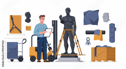 Museum Logistics: Worker documenting the secure packing and movement of a large, fragile statue with specialized transportation equipment.