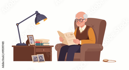 Happy senior man relaxing in a comfortable armchair, reading a document under the warm glow of a lamp.