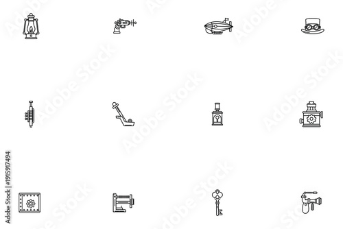 Steampunk icons set featuring mechanical gadgets, retro-futuristic inventions, and industrial line art elements