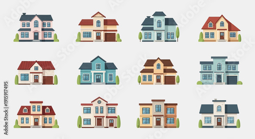 Modern House Illustration Collection: Set Colorful Residential Building Vector Icons for Real Estate and Web Design