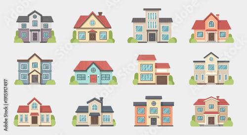 Modern House Illustration Collection: Set Colorful Residential Building Vector Icons for Real Estate and Web Design