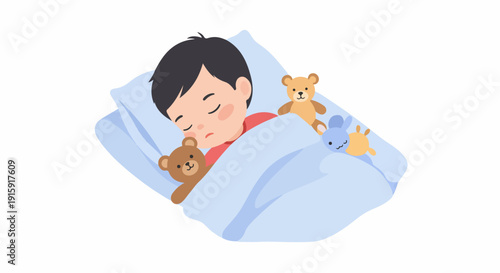 Peaceful illustration of a cute young child sleeping soundly in bed, holding a teddy bear.