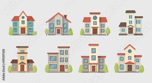 Modern House Illustration Collection: Set Colorful Residential Building Vector Icons for Real Estate and Web Design