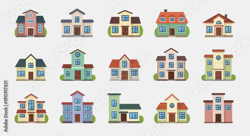 Modern House Illustration Collection: Set Colorful Residential Building Vector Icons for Real Estate and Web Design
