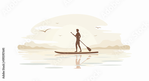 Stand Up Paddle Boarding Silhouette at Sunset or Sunrise on Calm Water Vector Illustration