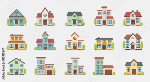 Modern House Illustration Collection: Set Colorful Residential Building Vector Icons for Real Estate and Web Design