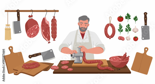 Butcher making homemade sausages with a meat grinder, surrounded by fresh herbs, meat products, and professional cutting tools. 