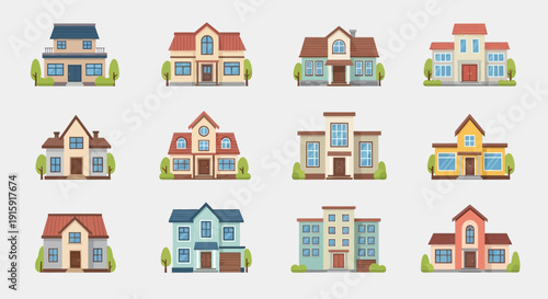 Modern House Illustration Collection: Set Colorful Residential Building Vector Icons for Real Estate and Web Design