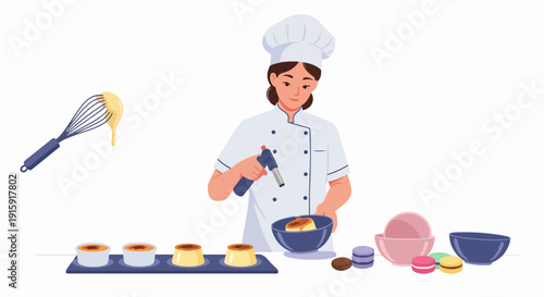 Professional pastry chef using a culinary torch to finish crème brûlée or flan, illustrating gourmet dessert preparation.