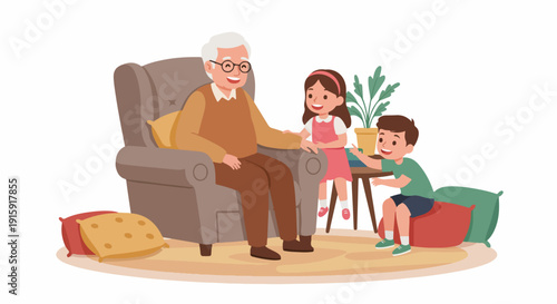Smiling grandfather relaxing in an armchair while enjoying quality time and bonding with his young grandchildren, isolated vector illustration.
