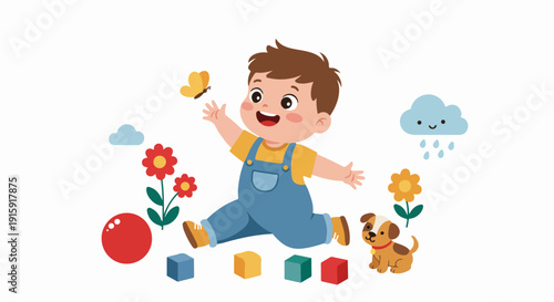 Cute cartoon boy jumping happily outdoors surrounded by colorful toys, flowers, a butterfly, and a smiling puppy.