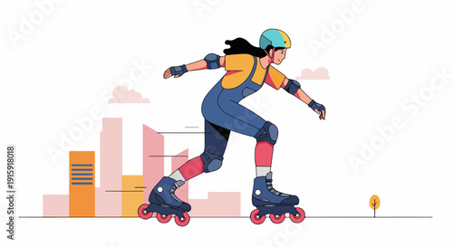Dynamic young woman rollerblading in protective gear against an abstract urban backdrop. Flat vector illustration.