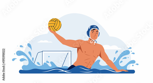 Male water polo athlete preparing to shoot or pass the ball in the pool, dynamic action illustration with goal net in the background.