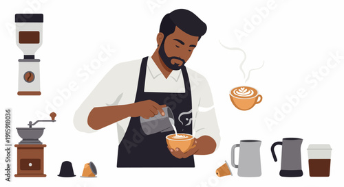 Professional Barista Creating Latte Art with Milk Jug, Surrounded by Coffee Grinders, Accessories, and Capsules.