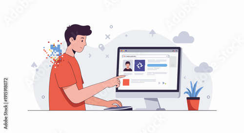 Young man interacting with his digital profile on a desktop screen, symbolizing online identity, data privacy, and social media management.