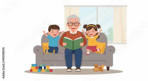 Grandfather reads story to cheerful grandchildren sitting on sofa. Happy family leisure time flat vector illustration.