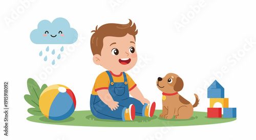 Smiling little boy sitting on the grass with his cute puppy, building blocks, ball, and a friendly cartoon rain cloud illustration.