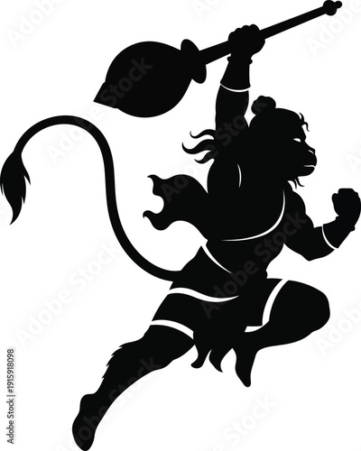 Dynamic hanuman vector illustration of a mythical creature in mid-air with a mace, depicting strength and agility