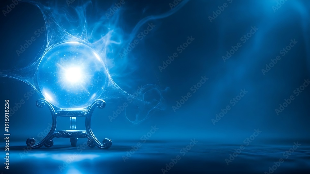 Obraz premium Glowing crystal ball on ornate stand with swirling blue smoke and bright light beam inside crystal ball on dark blue background mysticism