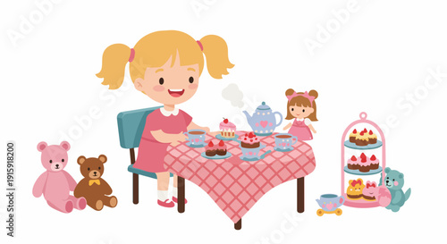 Cute cartoon girl playing tea party with teddy bears and toys, enjoying cupcakes and tea setting vector illustration on white.