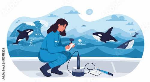 Marine biologist monitoring killer whales and ocean ecology, conducting research and taking notes amidst blue waves.