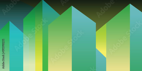 Abstract geometric shapes in vibrant green and blue hues.