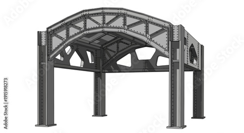 3D rendering of a modern steel structure with arched roof and supports
