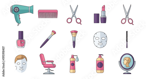 Beauty Salon Icons: Hair Dryer, Scissors, Lipstick, Makeup Brushes, Chair