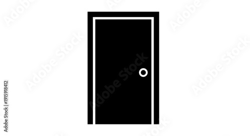 Black door with white outline and round doorknob, isolated on white background