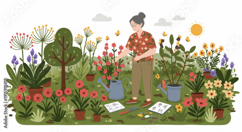 Happy elderly woman gardening among vibrant flowers and plants, enjoying her leisure time outdoors in a bright illustration style.