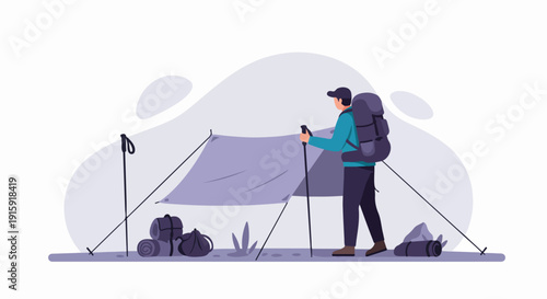 Backpacker pitches a lightweight tarp shelter using trekking poles during a wilderness camping trip.