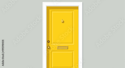 Bright Yellow Front Door with White Frame, Simple Design, Isolated on Gray Background