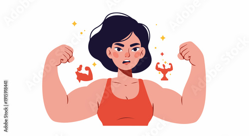 Confident and determined woman flexing her strong biceps, celebrating female empowerment, physical strength, and fitness achievements.