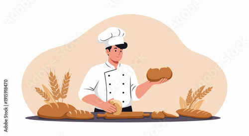 Professional Baker Illustration Preparing Freshly Baked Bread and Kneading Dough in the Bakery Kitchen