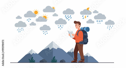 Hiker checking a map or weather forecast while encountering unpredictable mixed weather conditions (sun, rain, snow) in the mountains.