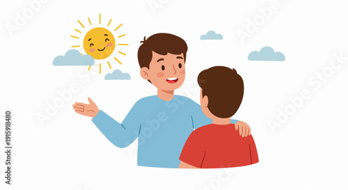 Positive conversation and support between two friends or family members under a bright, smiling sun illustration.